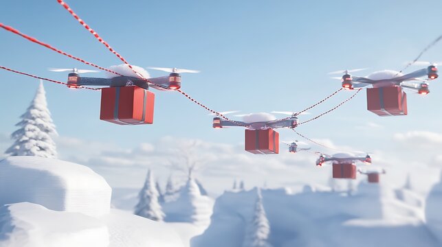 Drone delivery of holiday gifts snowy mountains