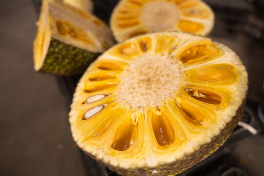 Close up of ripe jackfruit sections in a vietnamese eco market