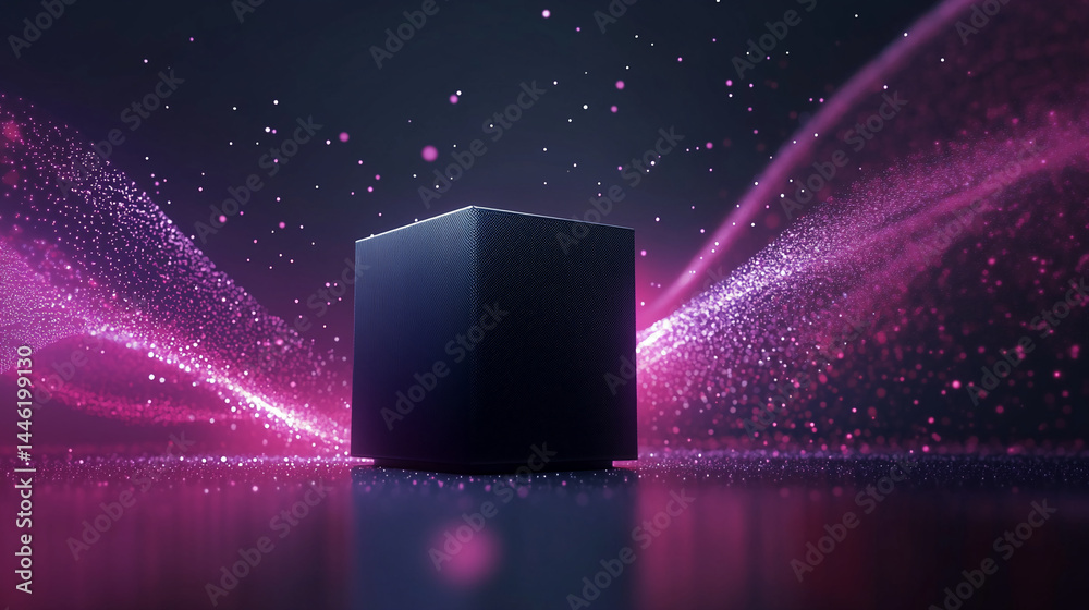 Poster Black cube on dark background, surrounded by pink light particles, creating a futuristic, elegant showcase for product display or advertisement