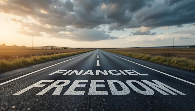 Highway to Financial Freedom - Motivational Road with "FINANCIAL FREEDOM" Text and Dramatic Sky