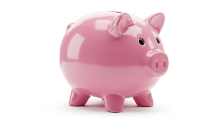 A shiny pink piggy bank with black eyes and a coin slot stands on a white surface in a studio shot