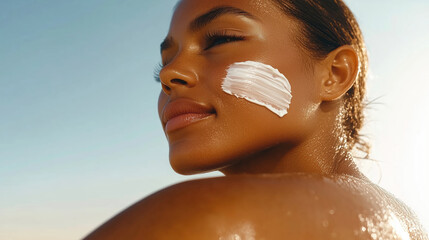 Woman applying sunscreen outdoors