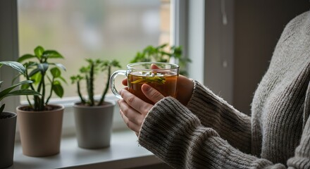  Cozy tea moment at home by the window with natural light