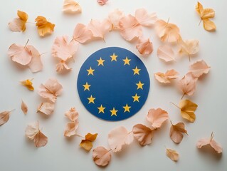 A European Union flag surrounded by soft beige flower petals, blending geometric symbolism with natural elegance in a serene composition.