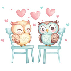 Adorable Cartoon Owl Couple with Hearts
