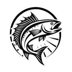 Leaping Fish Silhouette, Black & White, Circular Frame, Aquatic, Animal, Jumping