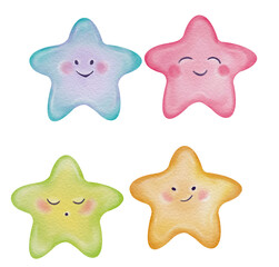 Set of pastel illustration with stars with smiling face. Watercolor baby clipart for nursery decor, cute kids printable, room posters, stickers,  lullaby themes and birthday card designs.