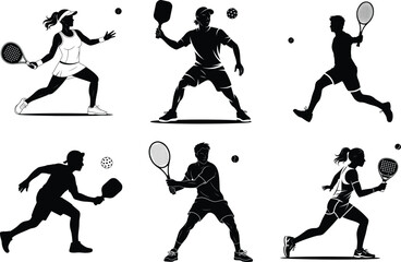 Pickleball Silhouette Bundle of Pickleball Players Vector Art for Sports and White Background.