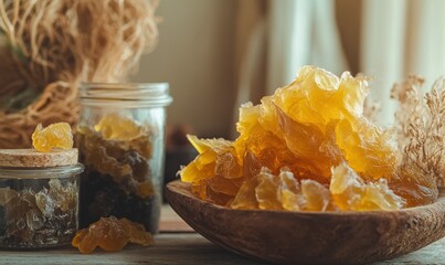 Studio shot of dried sea moss and sea moss gummies