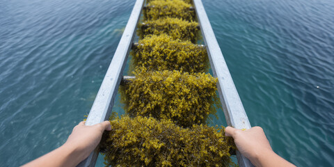 Hands hold a ladder-like structure in the water covered with algae. Aquatic farming, seaweed cultivation, sustainability