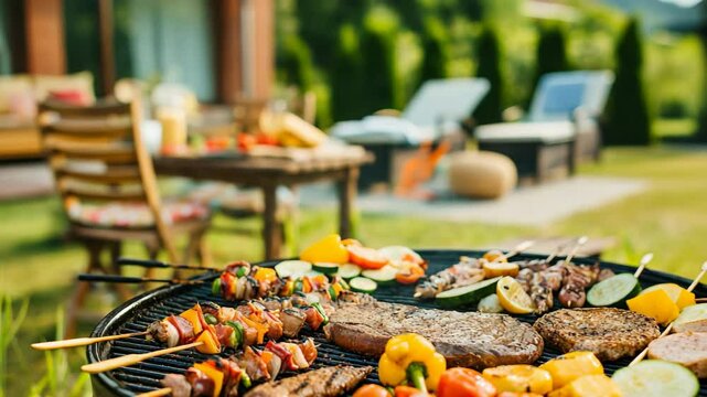 Meat and vegetables on a barbecue grill standing in the backyard of a house.