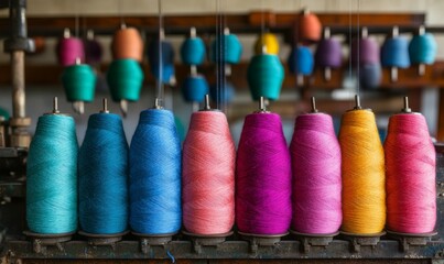 Colorful spools of thread are neatly arranged on shelves.