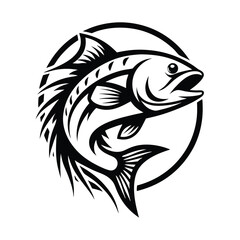 Monochrome Fish Silhouette in a Circular Frame, Simple Minimalist Icon Design Style