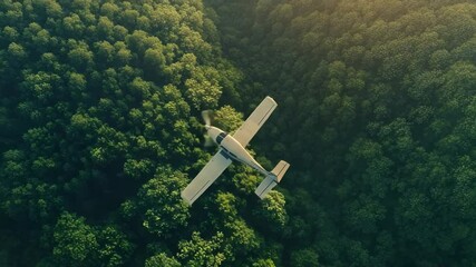 Top view of a small private plane flying over the green forest or jungle. - Powered by Adobe
