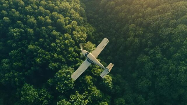 Top view of a small private plane flying over the green forest or jungle.