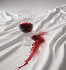 Crimson wine stain spreading on pristine white cloth, detail, contrast