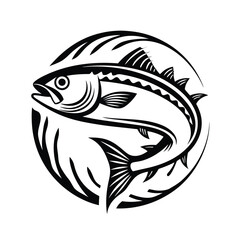 Black Silhouette of Tuna Fish in Circle, Marine Creature, Seafood, Fish Icon, Logo