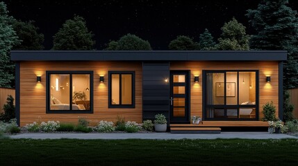 Fototapeta premium Modern wooden tiny house at night, lit by warm exterior lighting, nestled among trees