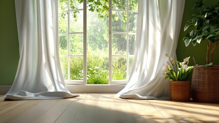 Room bathed in sunlight, white curtains billowing at the window, wooden floor reflecting light, and a basket of green plants adding life to the space.