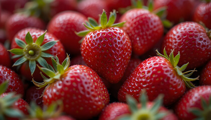 Close-up of Fresh Red Strawberries - Ripe Berries with Green Leaves