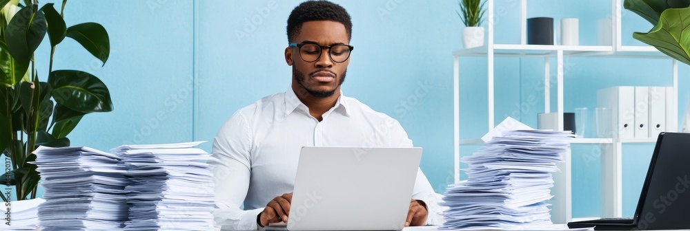 Poster efficient document management: stacking papers for productivity - a black man efficiently organizes 