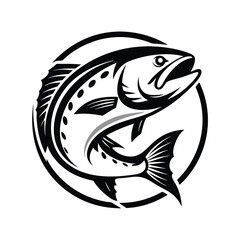 Monochrome Salmon Fish Jumping Circle Design, Elegant Black and White Aquatic Icon Art