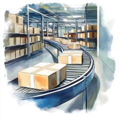 Efficient Warehouse Conveyor System - Packages move smoothly along a conveyor belt in a modern warehouse facility. Streamlined logistics and efficient operations