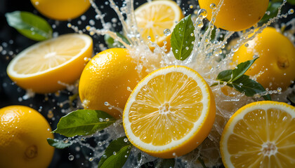 Splashing Fresh Lemons - Juicy Lemon Slices with Water Droplets and Leaves
