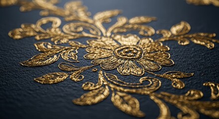 Golden Floral Embroidery on Dark Blue Fabric - Intricate golden embroidery, floral design, luxury texture, handcrafted detail, elegant artistry. Symbolizes sophistication, artistry, luxury, tradition