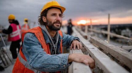 Obraz premium Construction Worker Man Wearing Helmet and Safety Vest at Sunset on Building Site