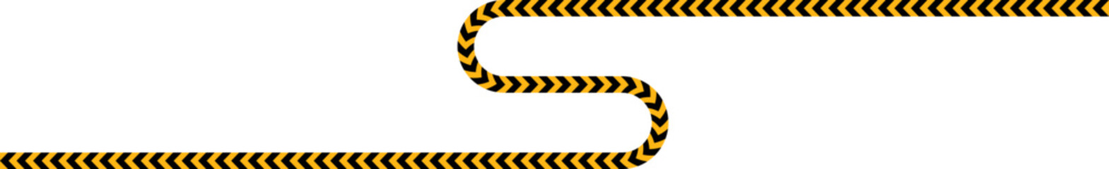 Yellow and black traffic sign arrow pointing on a path with a long line that makes two curves and then goes straight ahead.