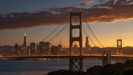 Obraz premium Golden Gate Bridge at sunset with the San Francisco skyline glowing in the background, a breathtaking view of California’s most iconic landmark blending natural beauty with urban architecture