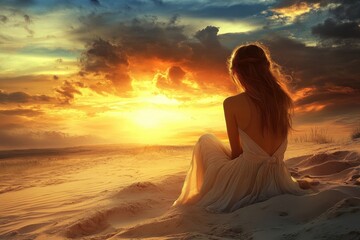 Fototapeta premium Beautiful girl enjoying a sunset while sitting on the sandy beach by the ocean, Attractive girl sitting on the sand and looking at the sunset