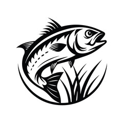 Minimalist Bass Fish Jumping over Grass Silhouette in Black and White Simple Icon