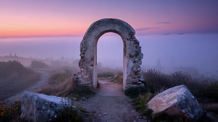 Mystical sunrise fog drapes ancient stone archway a breathtaking view unfolds