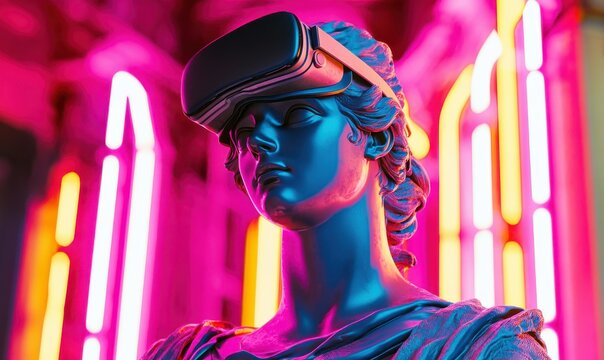 Blue statue wearing VR headset, surrounded by vibrant neon lights.