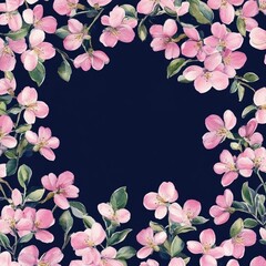 Delicate pink floral border on navy background.  Detailed illustration of blossoming branches, leaves, and flowers creating a square frame around a dark center