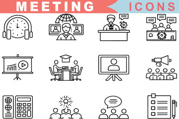 Fototapeta premium Meeting and Webinar Line Icons Conference, Team, Interview, Work, Classroom, Discussion, Editable Stroke