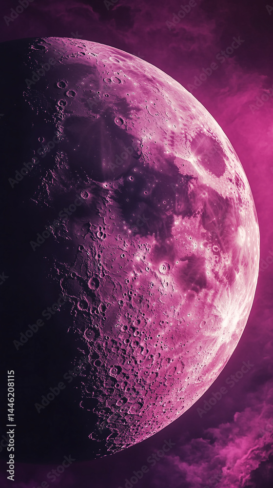 Poster close-up of a purple moon surface texture, showing craters and detail, creating a mysterious and cos