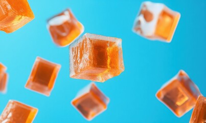 Orange jelly cubes floating on vibrant blue background, casting shadows.