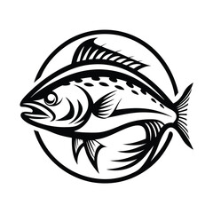 Black and White Fish Icon, Aquatic Animal Silhouette, Simple Circle Frame, Marine life
