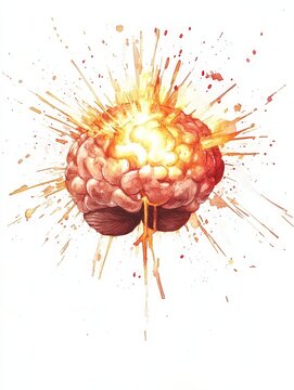 Exploding Brain Watercolor Art - A vibrant watercolor painting of a brain exploding with bright, fiery colors. Symbolizing creativity, innovation, enlightenment, power, and potential