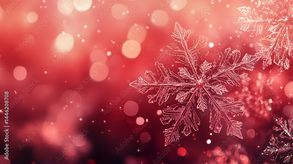 Poster close-up of intricate snowflake on red bokeh background, showcasing winter's delicate beauty and fes