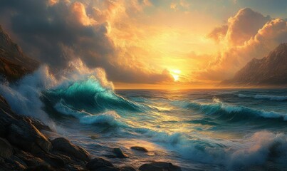Beautiful ocean waves crashing against a rocky shore, dramatic seascape with soft golden light at sunset, perfect coastal view,
