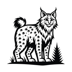 Stylized Lynx Silhouette with Pine Tree. Bold Black and White Illustration. Isolated