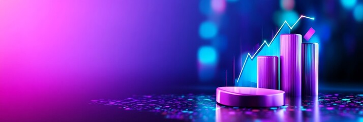 Financial Growth and Progress - Neon-lit 3D bar graph showcasing upward trend, symbolizing business success and financial growth. Ideal for presentations, reports, and marketing materials