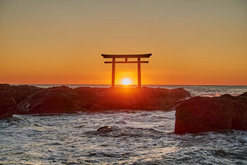 Sunrise at the Seaside Torii Gate of Oarai Isosaki Shrine