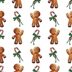 Christmas watercolour gingerbread man and candy cane watercolor seamless pattern on transparent background 