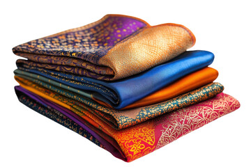 Vibrant stack of colorful silk scarves rich textures patterns luxurious fabrics bright jewel tones