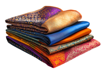 Vibrant stack of colorful silk scarves rich textures patterns luxurious fabrics bright jewel tones